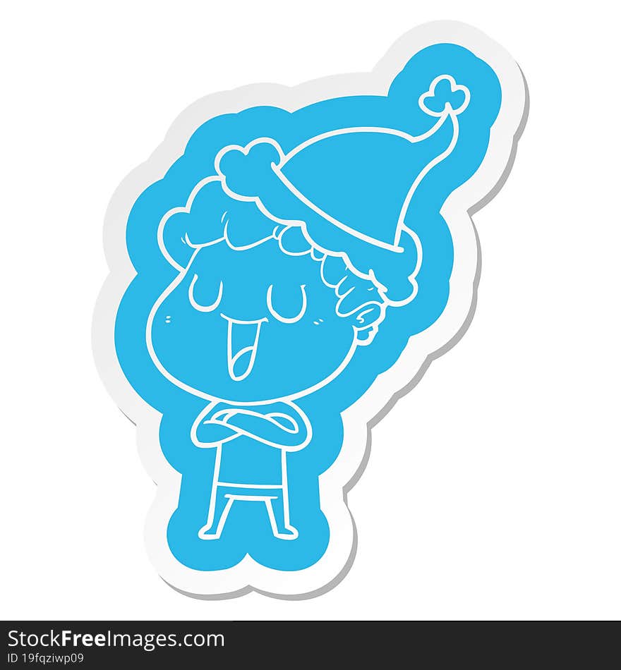 Laughing Cartoon  Sticker Of A Man Wearing Santa Hat