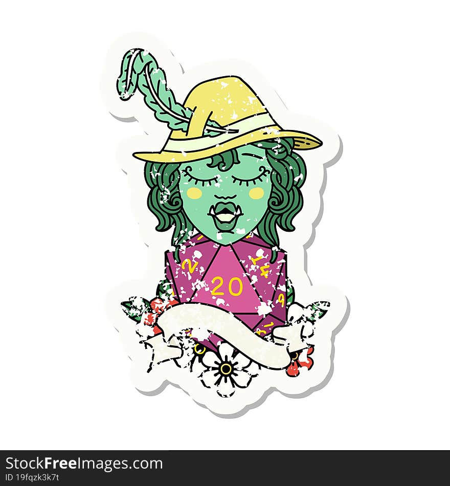 grunge sticker of a singing half orc bard character with natural twenty dice roll. grunge sticker of a singing half orc bard character with natural twenty dice roll