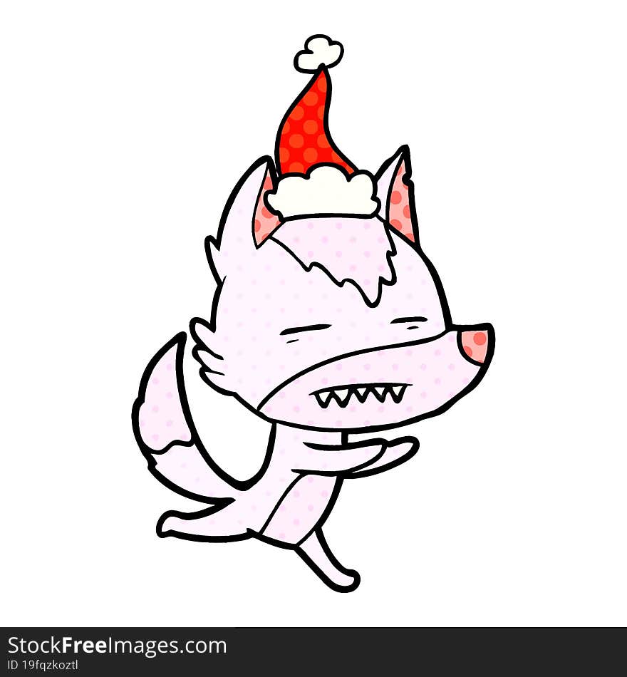 comic book style illustration of a wolf showing teeth wearing santa hat