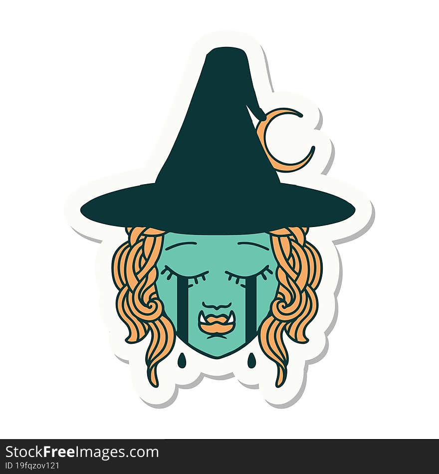 crying half orc witch character face sticker