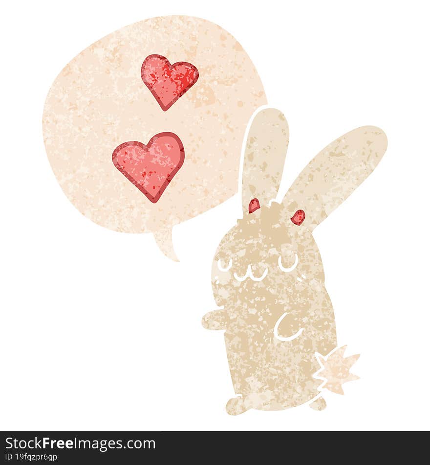 cartoon rabbit in love and speech bubble in retro textured style