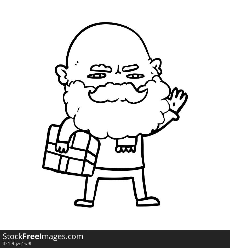 cartoon man with beard frowning with xmas gift. cartoon man with beard frowning with xmas gift