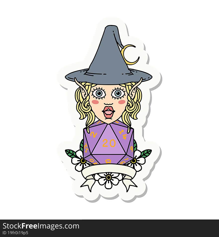 elf mage character with natural twenty dice roll sticker