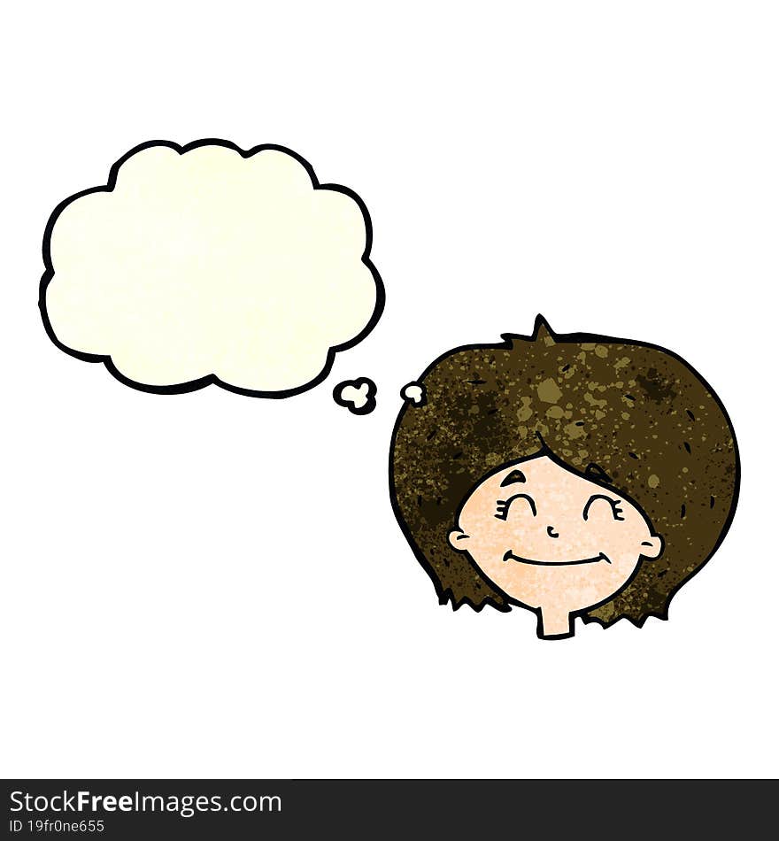 cartoon happy female face with thought bubble