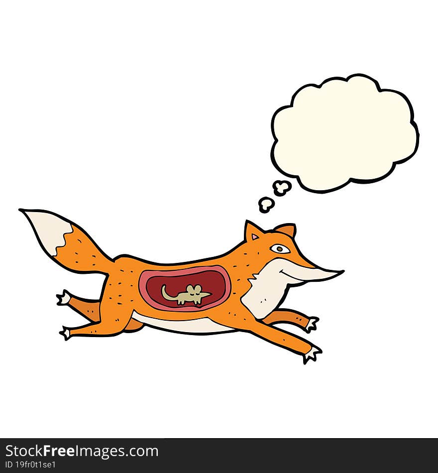 cartoon fox with mouse in belly with thought bubble