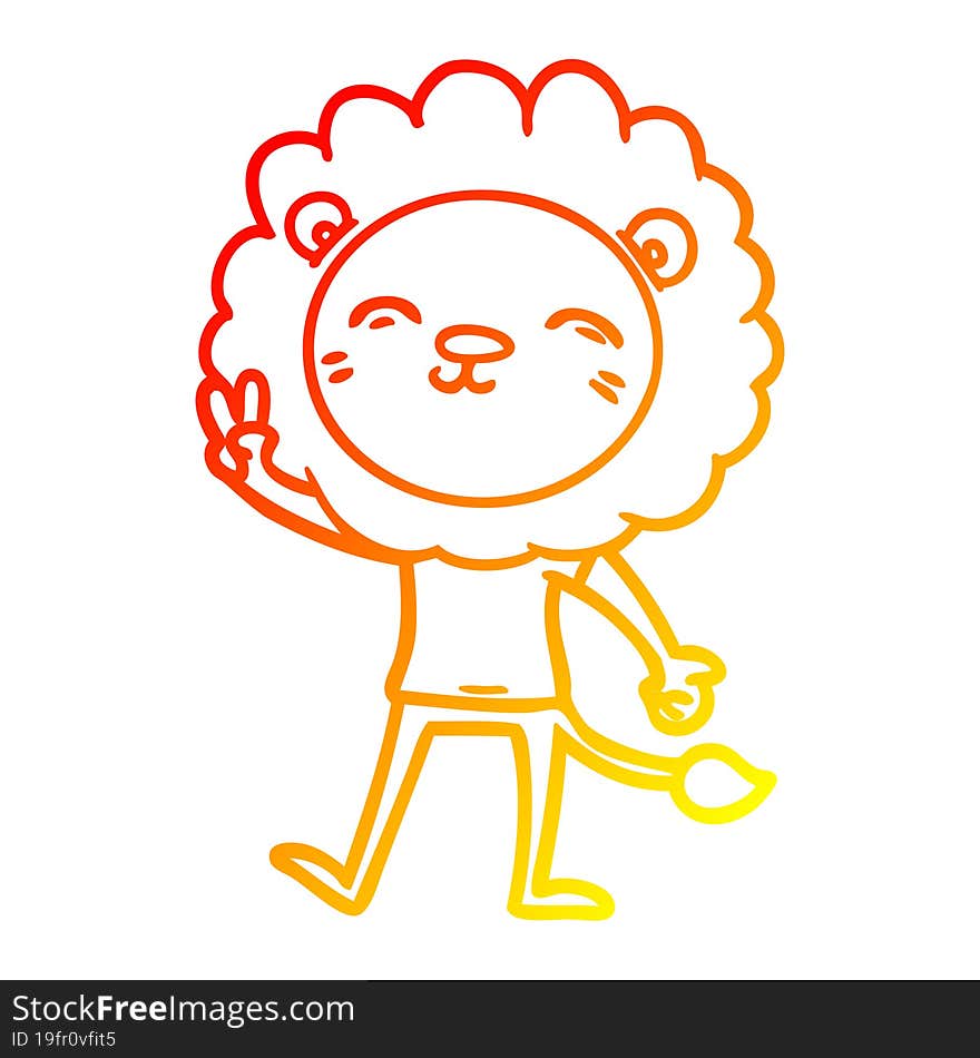 warm gradient line drawing cartoon lion giving peac sign