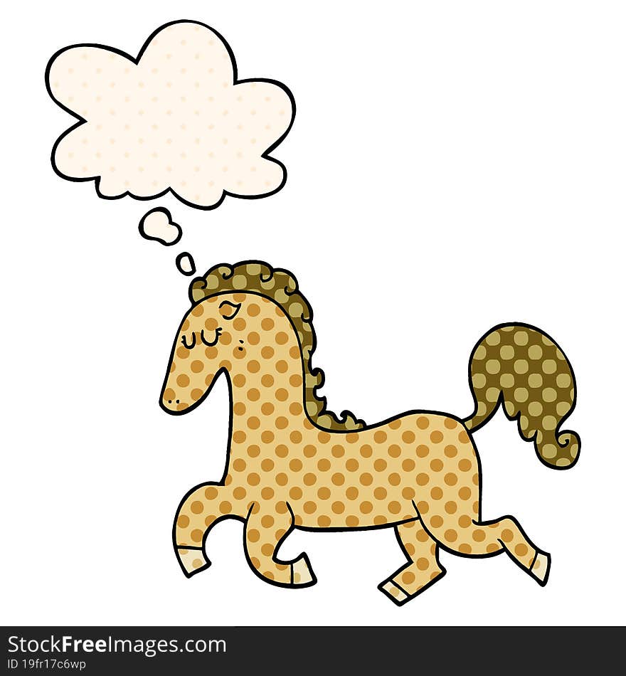 cartoon horse running with thought bubble in comic book style