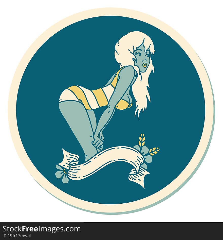 tattoo style sticker of a pinup girl in swimming costume with banner