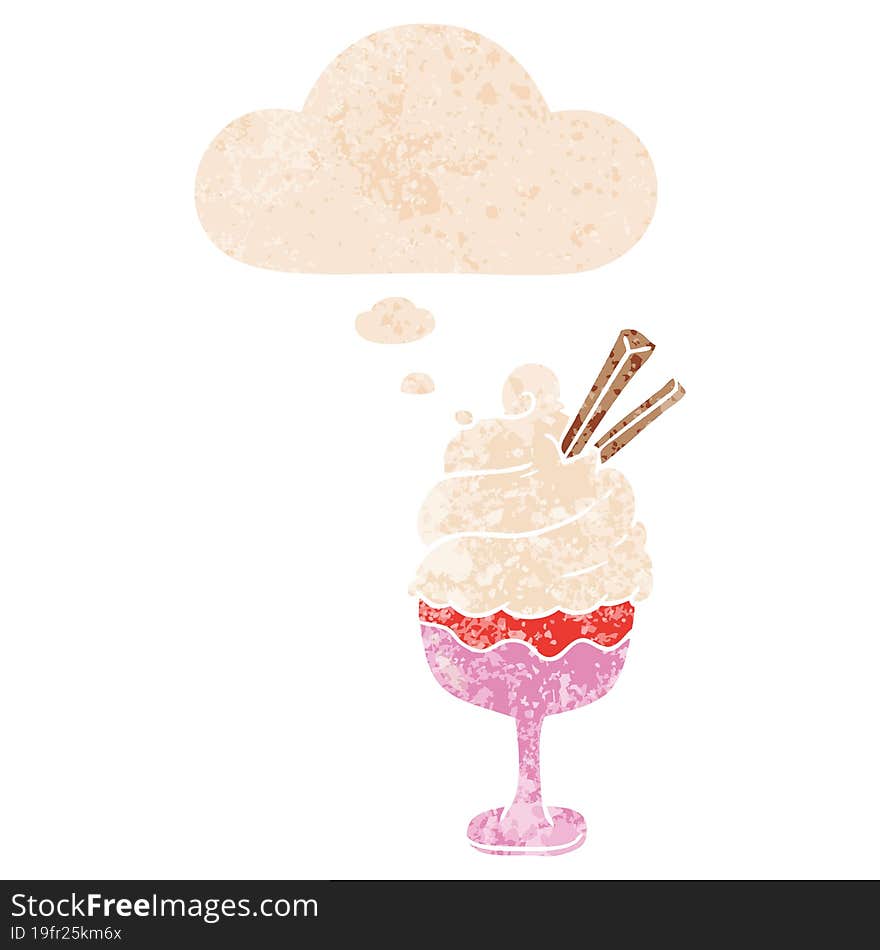 cartoon ice cream and thought bubble in retro textured style