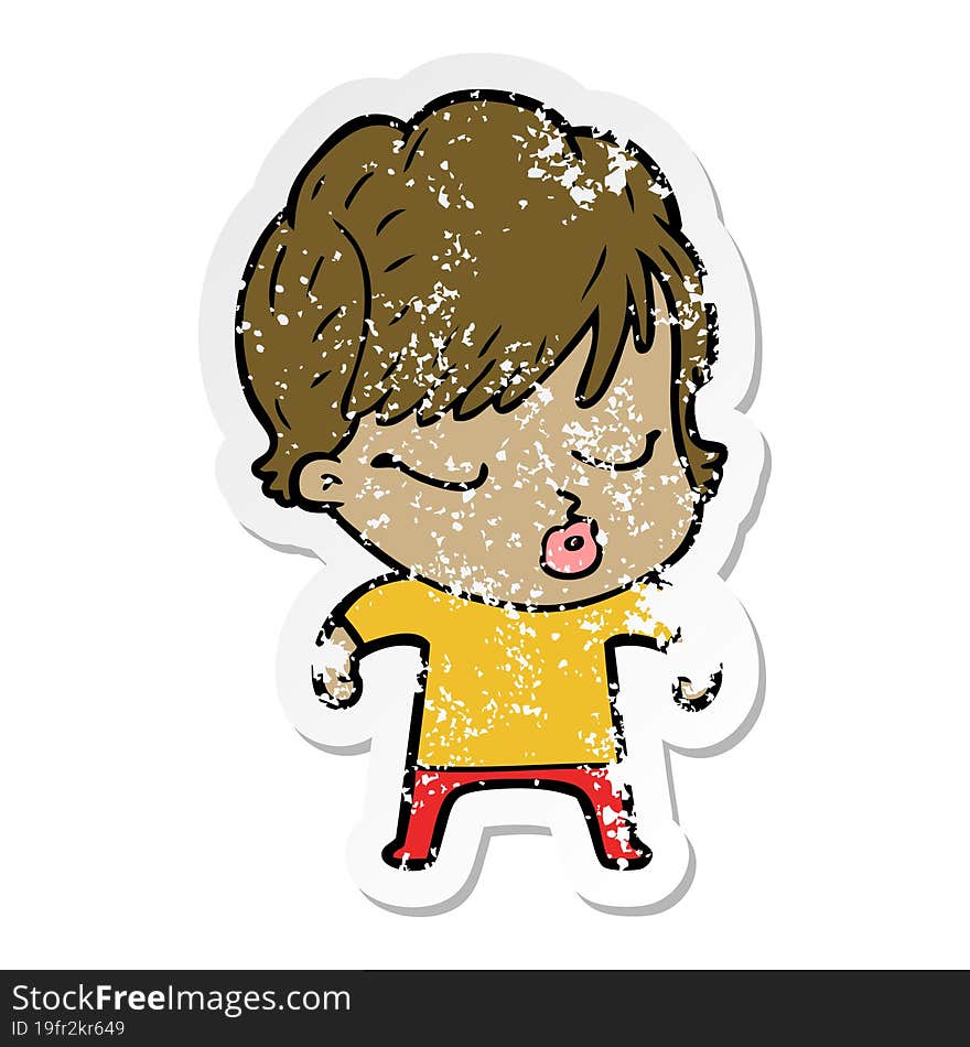 distressed sticker of a cartoon woman with eyes shut