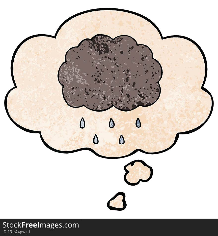 Cartoon Cloud Raining And Thought Bubble In Grunge Texture Pattern Style