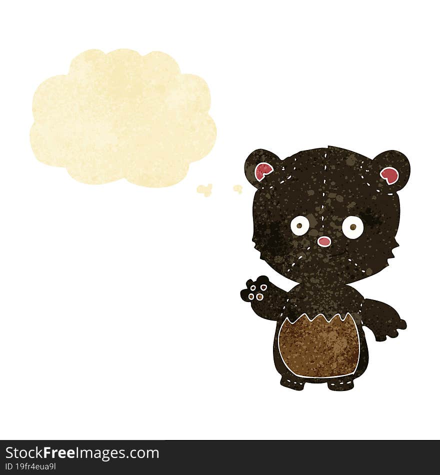 cartoon little black bear waving with thought bubble