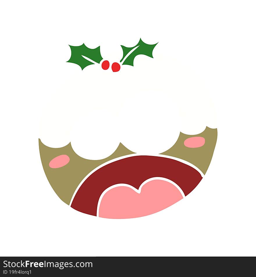 flat color style cartoon christmas pudding with shocked face