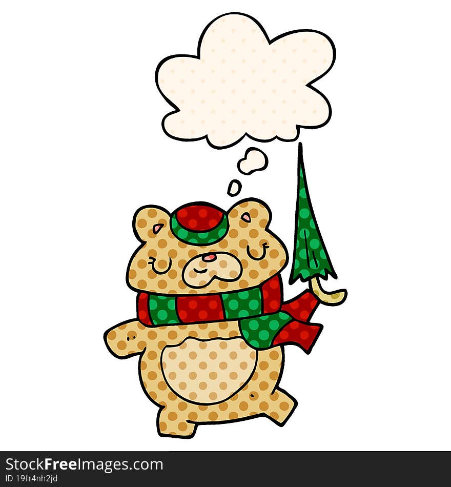 Cartoon Bear With Umbrella And Thought Bubble In Comic Book Style