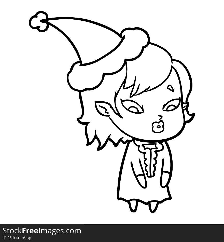 cute line drawing of a vampire girl wearing santa hat