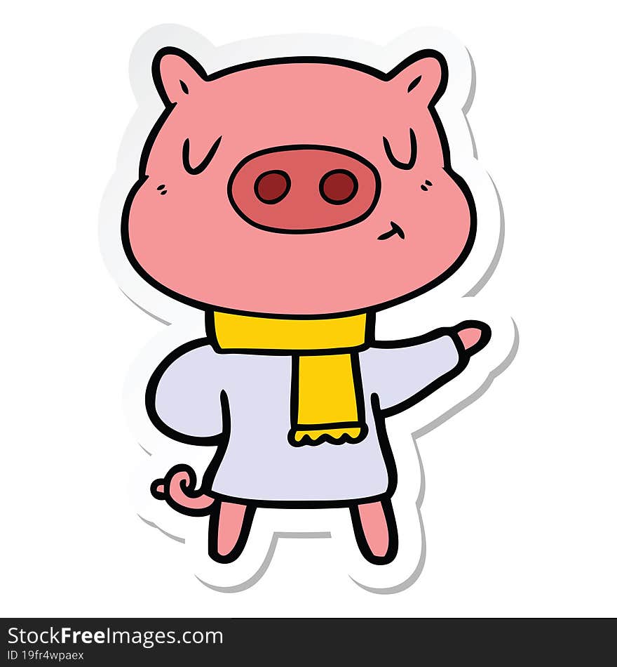 sticker of a cartoon content pig in winter attire