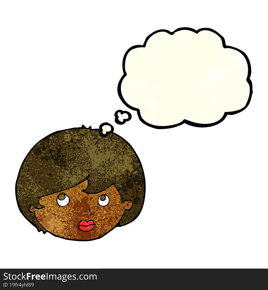 cartoon female face looking upwards with thought bubble