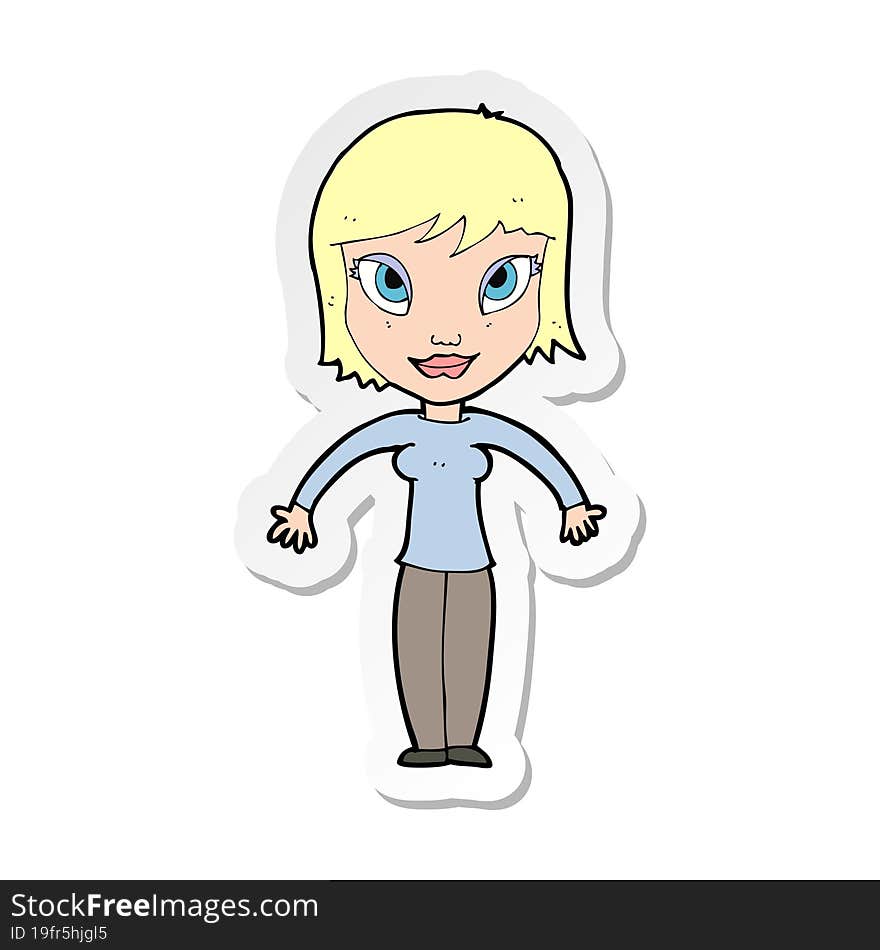 sticker of a cartoon woman shrugging shoulders