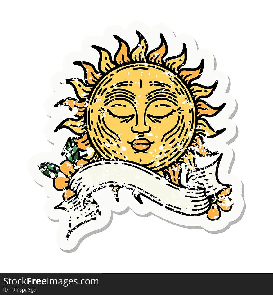 grunge sticker with banner of a sun