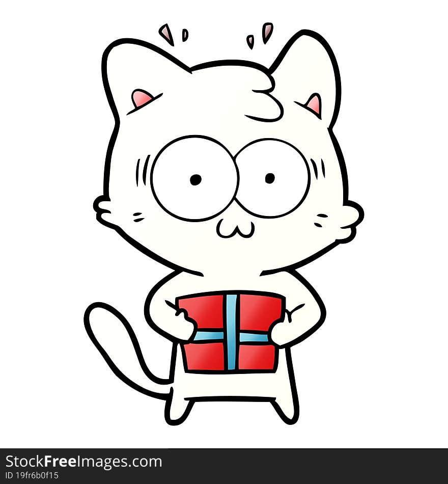 cartoon surprised cat with christmas present. cartoon surprised cat with christmas present