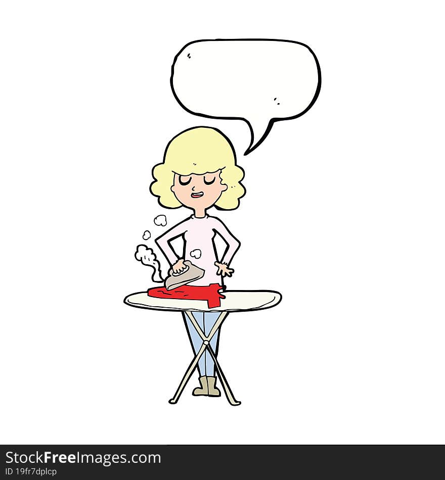 cartoon woman ironing with speech bubble