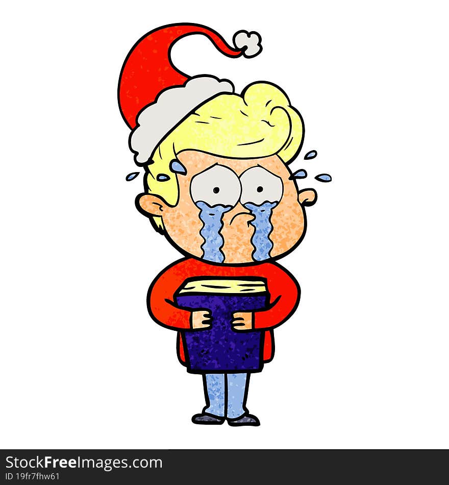 Textured Cartoon Of A Crying Man Holding Book Wearing Santa Hat