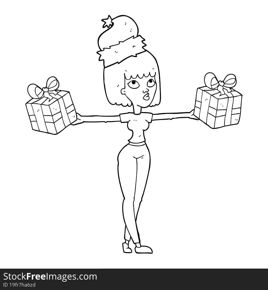 freehand drawn black and white cartoon woman with xmas presents