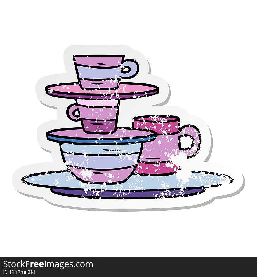 hand drawn distressed sticker cartoon doodle of colourful bowls and plates