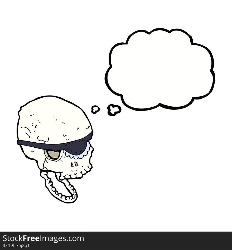 cartoon spooky skull with eye patch with thought bubble