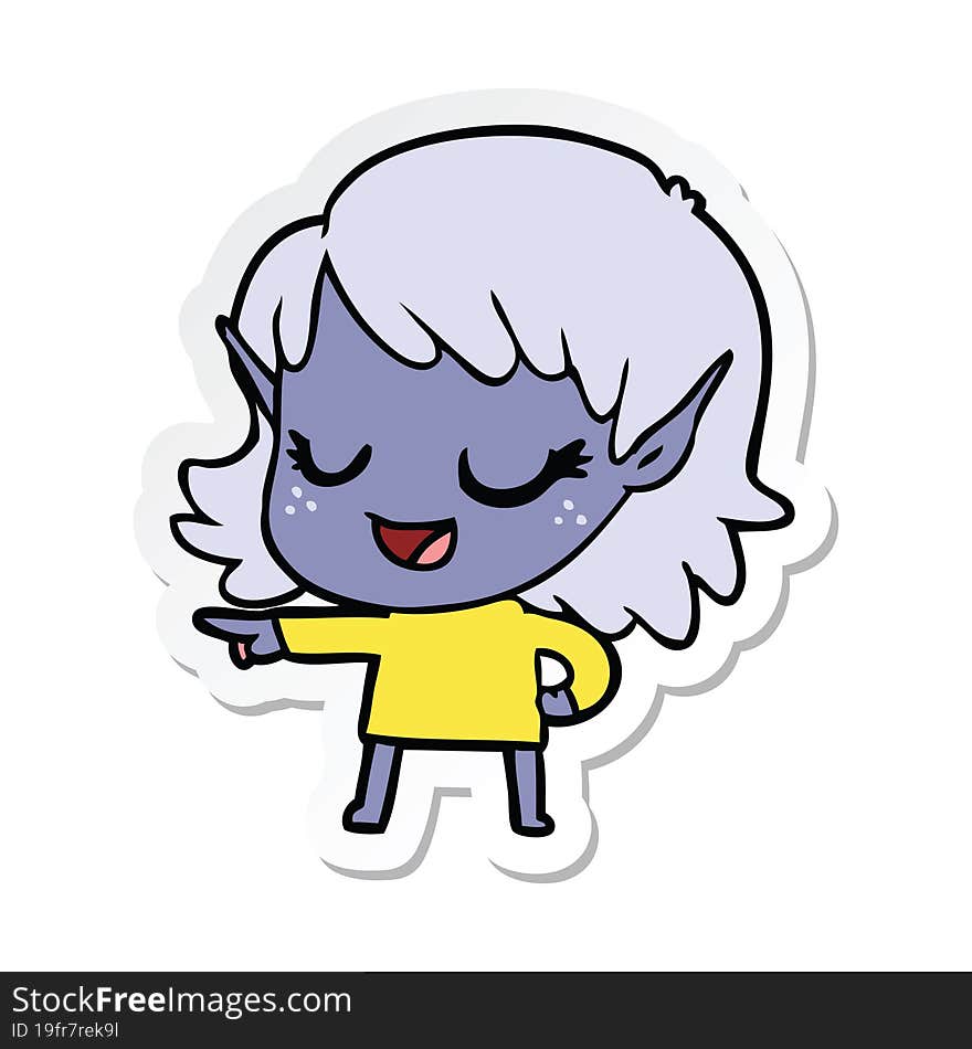 sticker of a happy cartoon elf girl pointing