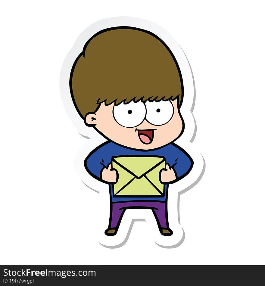 sticker of a happy cartoon boy with present