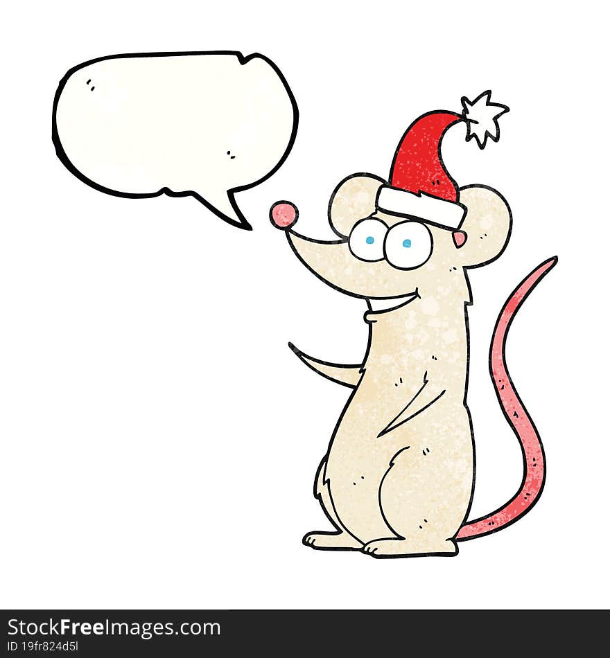 freehand speech bubble textured cartoon mouse wearing christmas hat