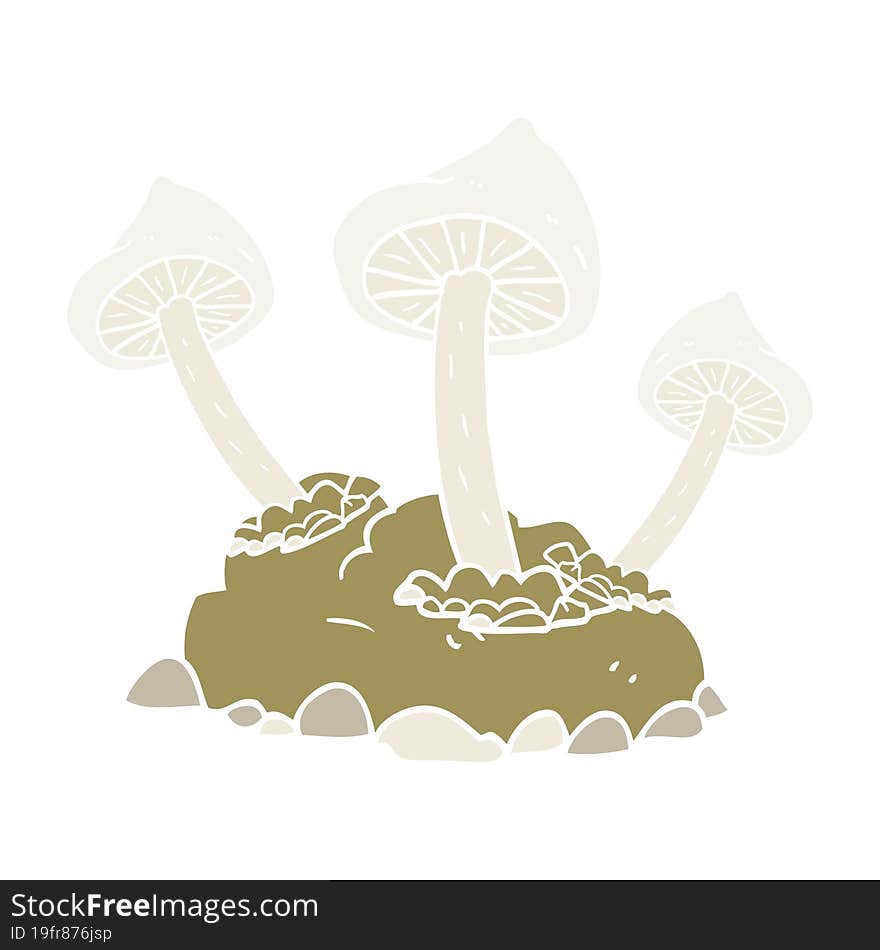 flat color illustration of a cartoon mushrooms growing