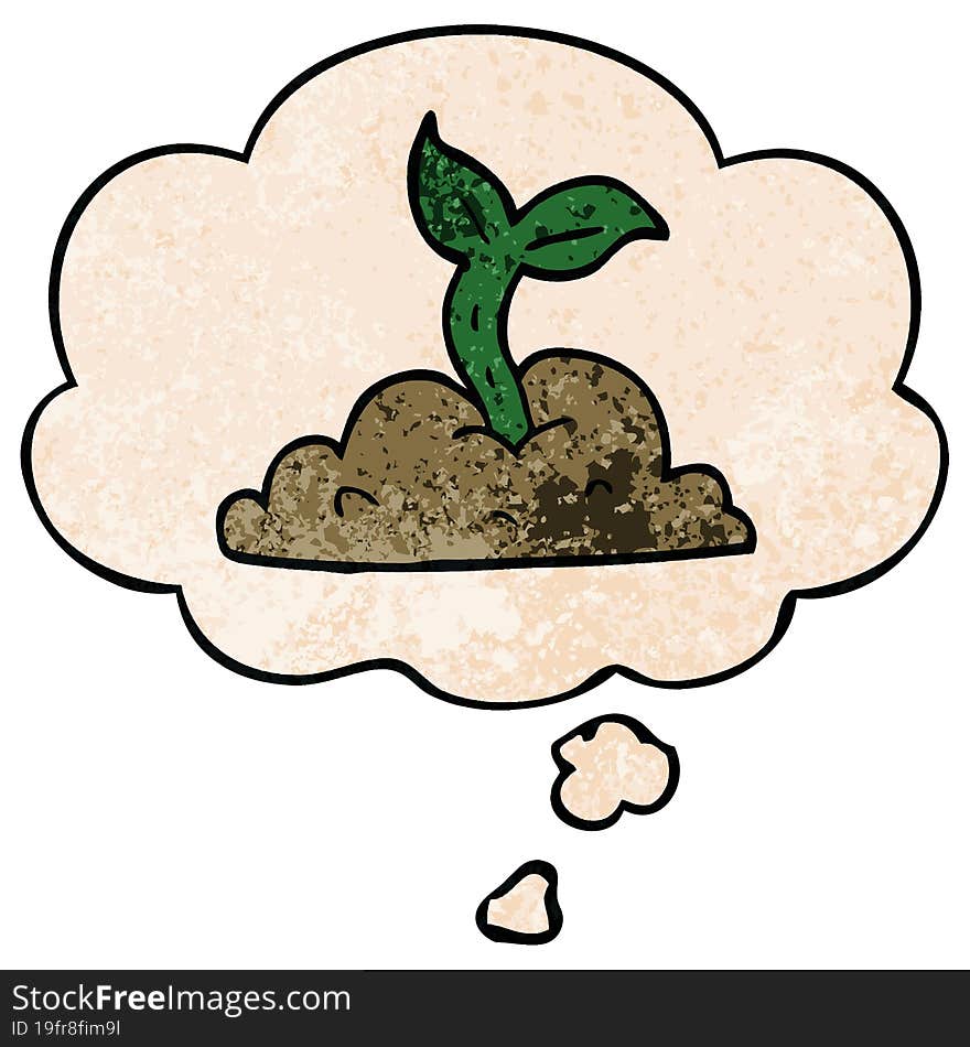 cartoon growing seedling with thought bubble in grunge texture style. cartoon growing seedling with thought bubble in grunge texture style