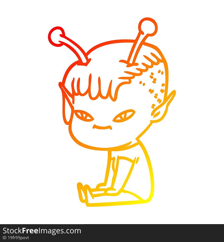 warm gradient line drawing of a cute cartoon alien girl