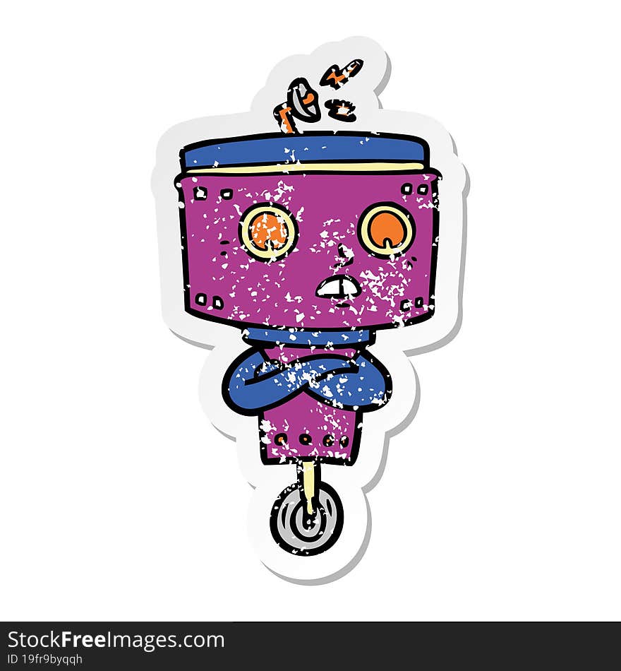 distressed sticker of a cartoon robot with crossed arms