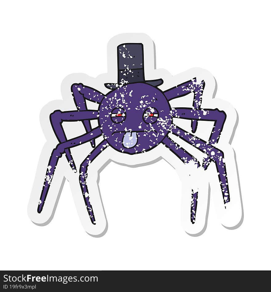 retro distressed sticker of a cartoon halloween spider in top hat