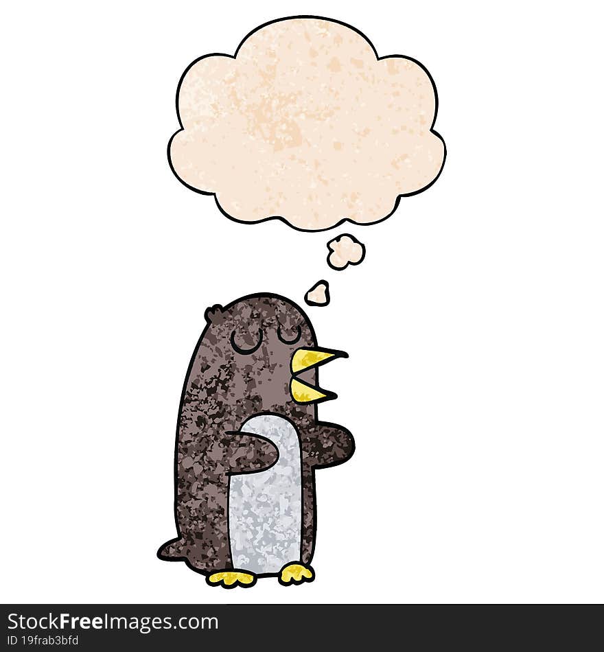 cartoon penguin and thought bubble in grunge texture pattern style