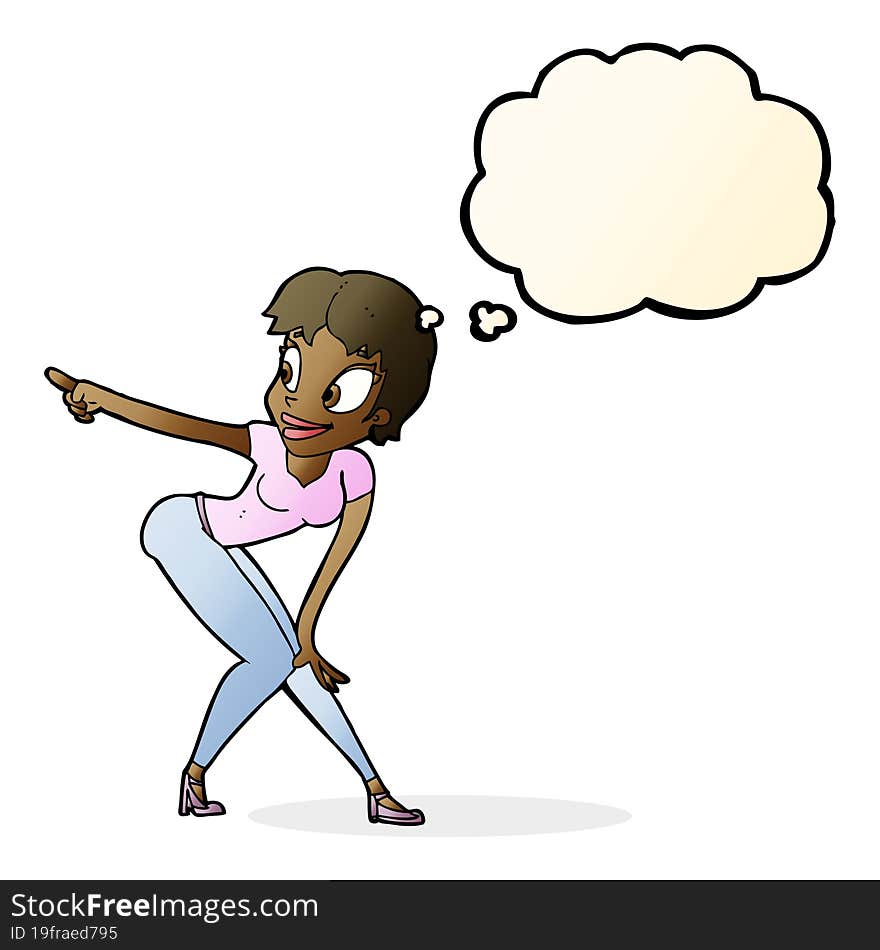 cartoon pretty woman pointing with thought bubble