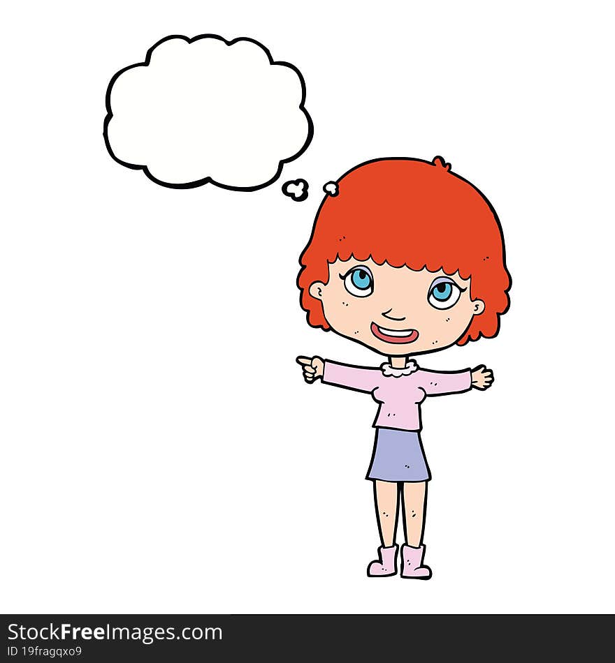 cartoon happy woman pointing with thought bubble