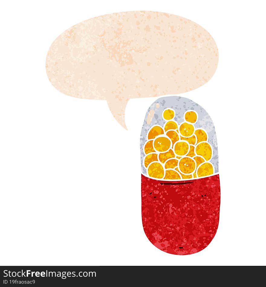 cartoon pill and speech bubble in retro textured style