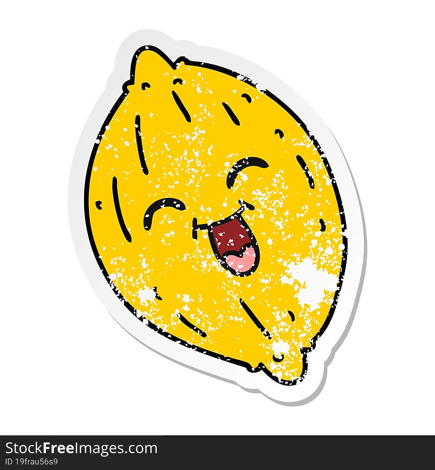 distressed sticker cartoon of a happy lemon