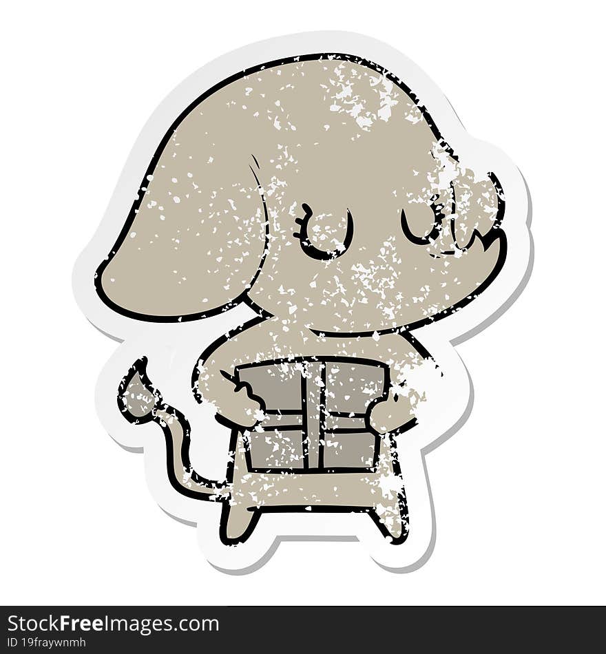 distressed sticker of a cute cartoon elephant with gift