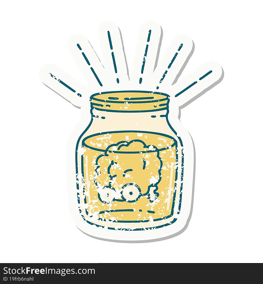 worn old sticker of a tattoo style brain in jar. worn old sticker of a tattoo style brain in jar