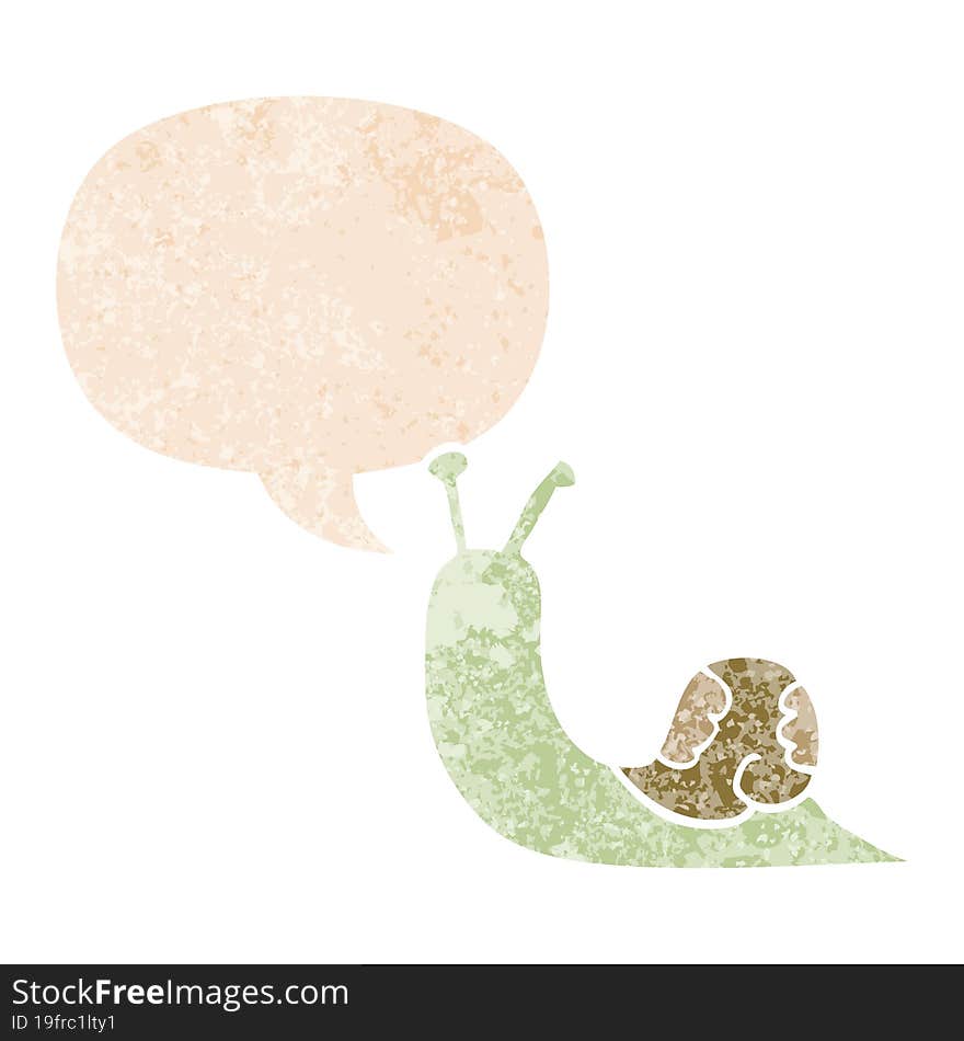 cartoon snail and speech bubble in retro textured style