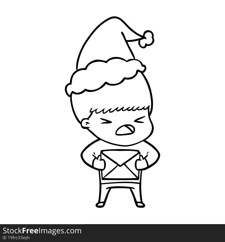 Line Drawing Of A Stressed Man Wearing Santa Hat