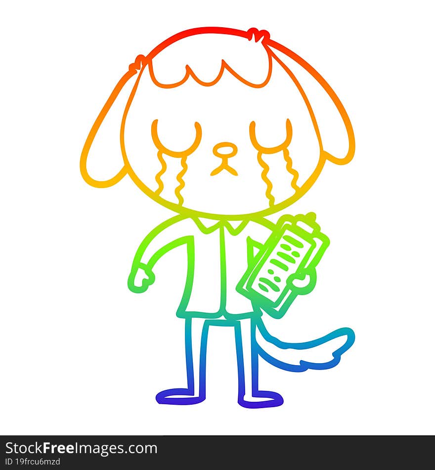 rainbow gradient line drawing of a cute cartoon dog crying