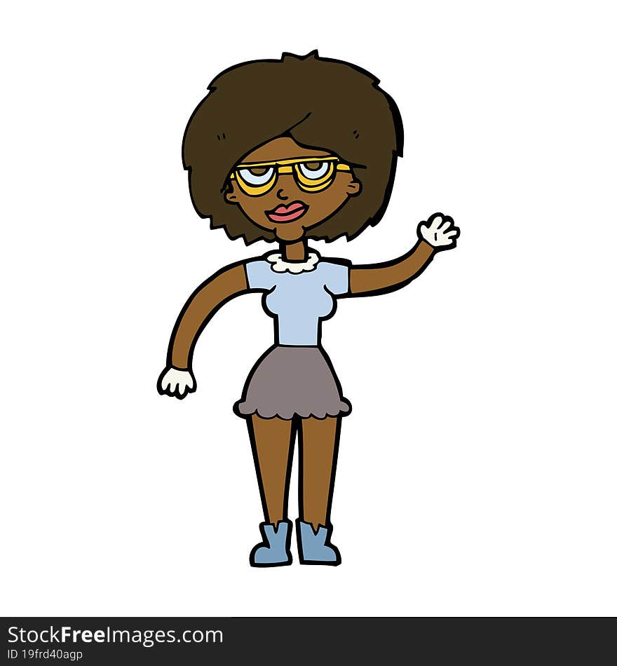 cartoon waving woman wearing spectacles