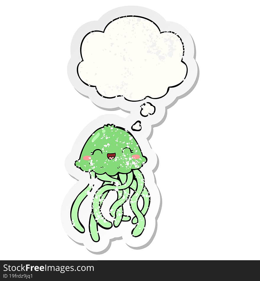 cute cartoon jellyfish and thought bubble as a distressed worn sticker