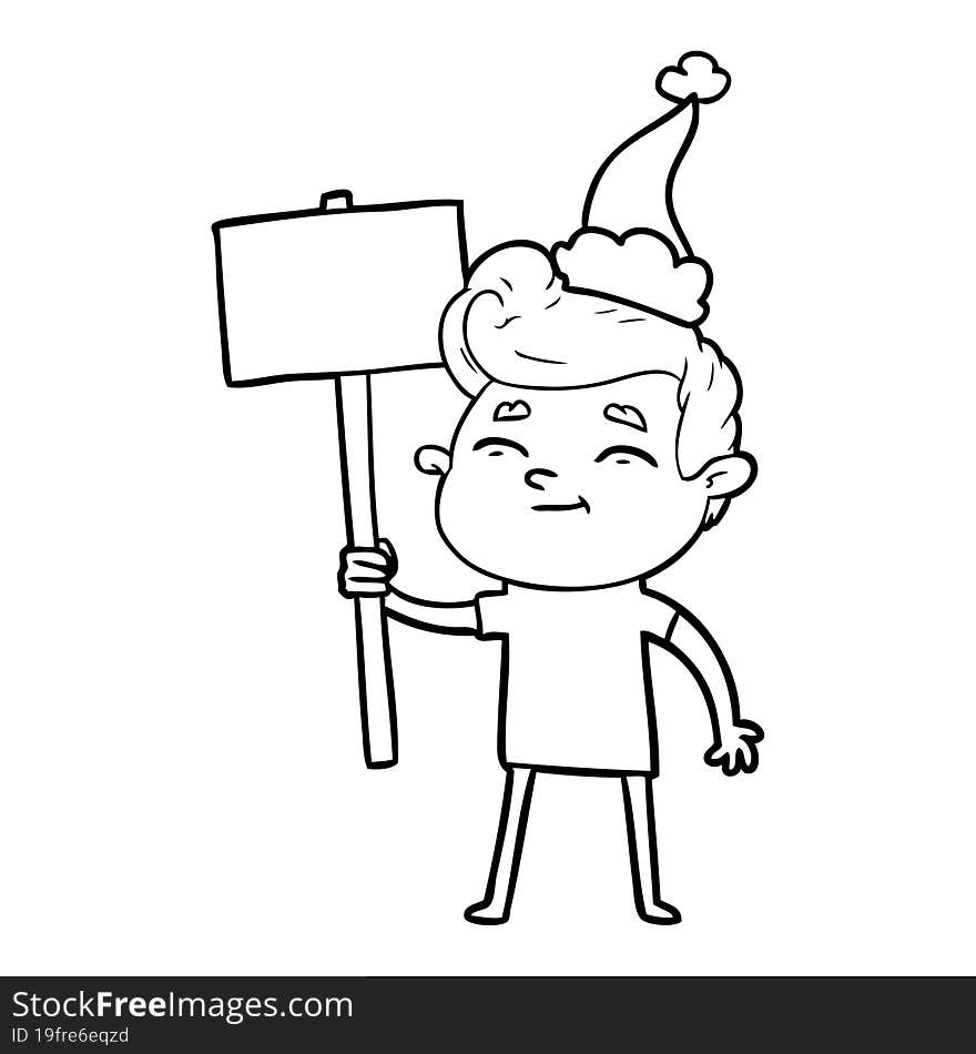 happy line drawing of a man with sign wearing santa hat